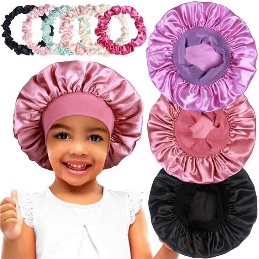 Kids Satin Sleep Bonnets–Soft Adjustable Caps with Wide Bands+6 Bonus Scrunchies